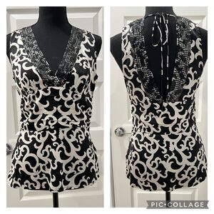 Bebe Silk Sleeveless Top Blouse Cami Camisole Women’s Size M Black White Sequins